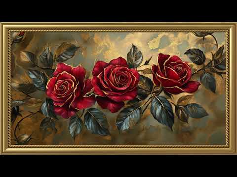 Vintage Golden Red Roses Painting | Gold Frame TV Art | Art Screensaver for TV 2 Hrs