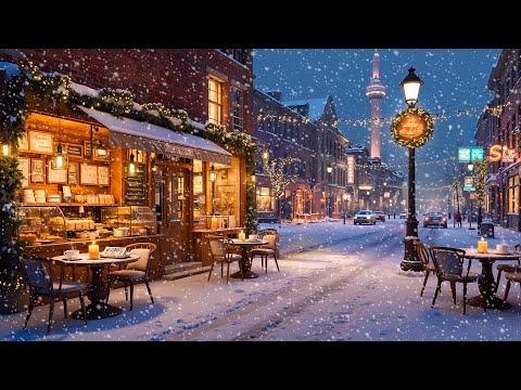 New York Outdoor Cafe Ambience ☕ Soft Jazz Instrumental on a Quiet Winter Night & Snowfall to Chill