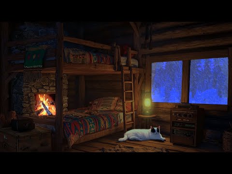 Deep Sleep Instantly with Relaxing Blizzard and Fireplace - Cozy Winter Hut Ambience with Cat