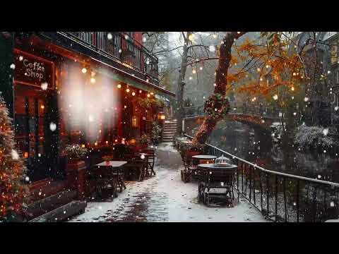 Soft Jazz at Winter Riverside Coffee Shop - Cozy Outdoor Coffee Shop with Falling Snow for Good Mood