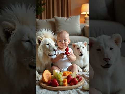 Baby Enjoys Delicious Food with Two Adorable White Lions!