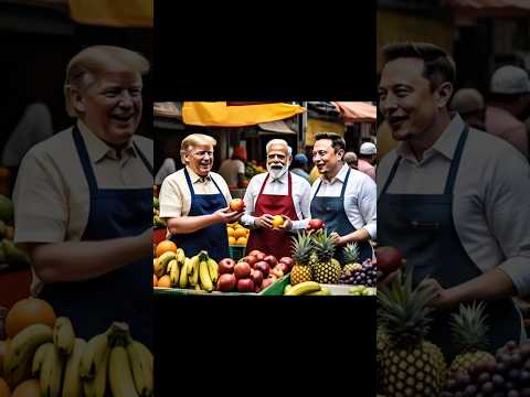 leader Trump Modi and musk are selling fruits in shop