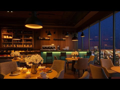 Rainy Spring Night Coffee Shop with Smooth Jazz Music | Spring Coffee Shop at Night