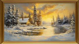 Vintage Snowy Cabin Sunset Frame | 12 Hour Art Screensaver | Calm Piano Music