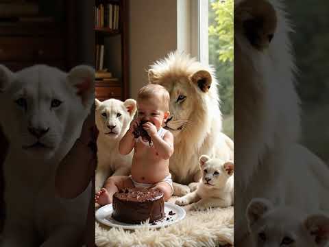 Baby Enjoys Cake with Two Majestic Lions – A Magical Moment!