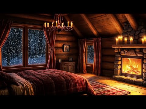 Deep Sleep in a Cozy Winter Cabin | Relaxing Blizzard with Fireplace Crackling