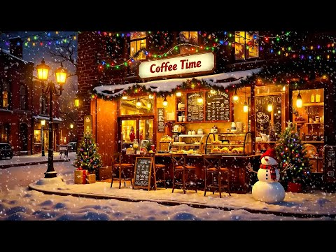 Winter Night Jazz at Coffee Shop Ambience ~ Soft Jazz Music & White Snow for Relaxing, Stress Relief