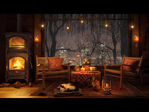 Cozy Wooden House with a Fireplace Ambience in the City 🌧️ Rainy Night & Smooth Jazz for Study, Work