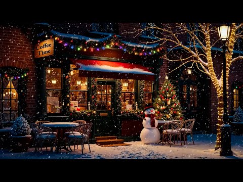 Smooth Christmas Jazz Music & Nightly Snow at Outdoor Coffee Shop Ambience for Relaxing, Sleeping