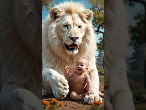 Watch a surreal bond between a baby and a majestic white lion in stunning 4K!