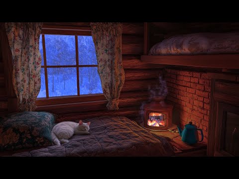 The Most Cozy Winter Hut for Sleep | Snowstorm and Fireplace Sounds, Deep Sleep with Cat