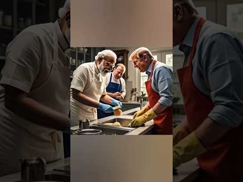 Trump Modi and putin are cleaning utensils in kitchen