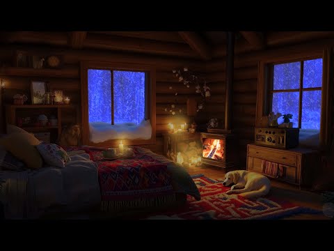 Deep Sleep with Blizzard and Fireplace Sounds | Cozy Winter Ambience, Snow Storm  with Dog