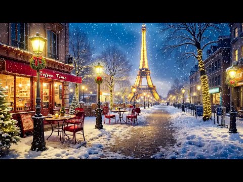 Relaxing Winter Jazz at Paris Coffee Shop Ambience ~ Warm Jazz Music & Snowfall for Stress Relief