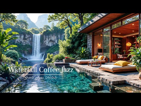 Outdoor Coffee Jazz on Lakeside Porch | Gentle Jazz Music with Spring Waterfall for Good Mood