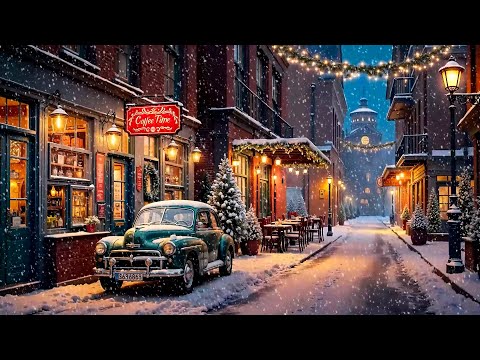 Relaxing Winter Jazz Music & Snowfall at Outdoor Coffee Shop Ambience for Work, Study, Sleep