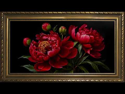 Scarlet Peony Flowers Still Life Painting, Moody Realistic Decor | Framed Art Screensaver for TV