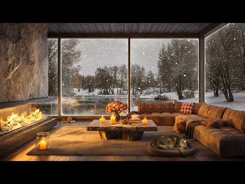 ❄ Winter Ambience in Cozy Living Room 🌨️ Soft Snowing with Relaxing Jazz Music by the Warm Fireplace