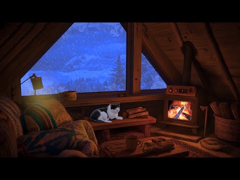 Restful Sleep in a Cozy Winter Cabin with Relaxing Snowstorm Sounds, Fireplace and a Sleeping Cat