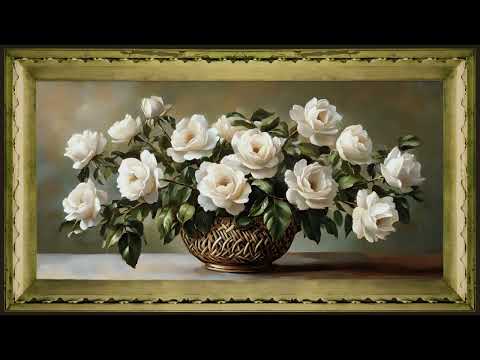 White Roses in a Basket, Vintage Oil Painting | Gold Framed Art Screensaver for TV