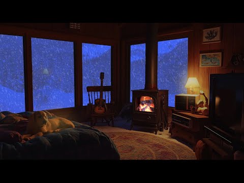 Warm House in the Cold Winter - Fierce Blizzard, Fireplace and Dog, Sleep Sounds