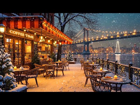 Winter Jazz Music ❄️ Outdoor Coffee Shop Ambience with Jazz Relaxing Music & Snowfall to Study, Work