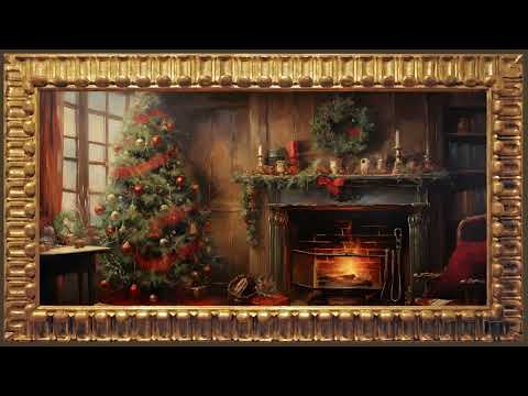 Vintage Christmas Still Painting, Cozy Holiday with Romantic Fireplace | Framed Art Screensaver TV