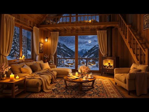 Smooth Jazz Instrumental Music & Crackling Fireplace in Cozy Cabin Ambience ⛄ Jazz Music to Unwind