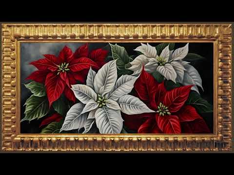 Poinsettia Christmas Floral Bouquet, Rustic Vintage Oil Painting | Framed Art Screensaver for TV