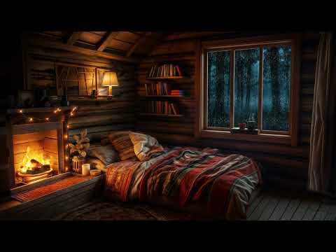 Nighttime Thunderstorm Haven with Fireplace in Cozy Cabin