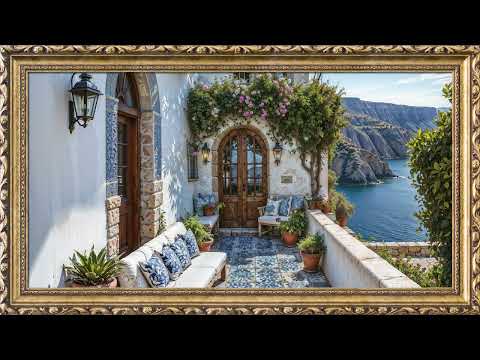 Greek Balcony View | TV Art Screensaver | 8 Hours Framed Painting | TV Wallpaper | 4K