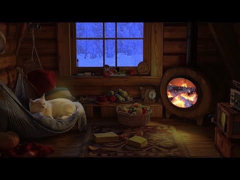 Relaxing Blizzard with Fireplace Crackling / Deep Sleep, from Insomnia, Sleep Better with Cat