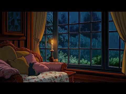 cozy rain on window with oldies playing in another room