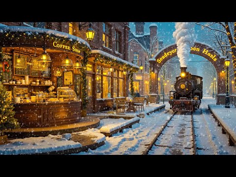 Cozy Winter Jazz & Snowing at Outdoor Coffee Shop Ambience ☕ Jazz Relaxing Music for Work, Study