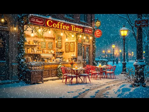 Smooth Winter Jazz & Snowfall at Outdoor Coffee Shop Ambience ~ Slow Piano Jazz Music for Relaxation