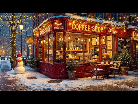 Cozy Winter Coffee Shop Ambience with Warm Jazz Music & Soft Snowfall for Relax, Work & Study ☕