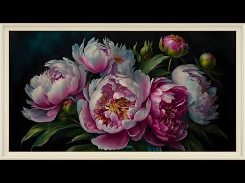 Pink Peony Flowers, Moody Realistic Painting | Framed Art Screensaver for TV