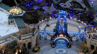 Aerial look at lighting in Epic Universe, with House Music