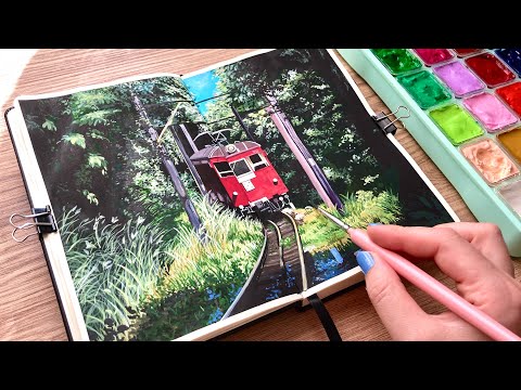 Train Landscape Painting With Jelly Gouache / Paint With Me 🌿