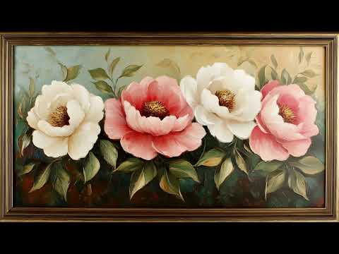 Vintage White and Pink Peony Garden, Oil Painting | Gold Framed Art Screensaver for TV