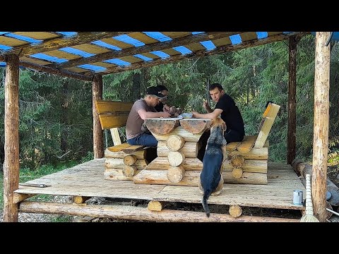 Life with Dog in Log Cabin in Wilderness Forest. DIY Furniture, Woodworking, Outdoor Cooking