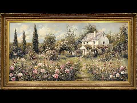 Vintage Rose Garden Manor, Rustic Impressionist Oil Painting | Framed Art Screensaver for TV