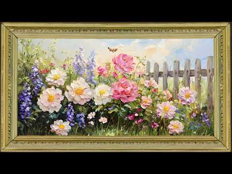 Flower Garden, Colourful Impasto Oil Painting | Gold Framed Art Screensaver for TV