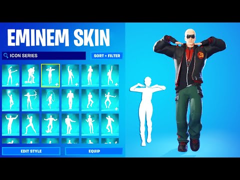 Fortnite EMINEM Skin Showcase with All Icon Series Dances & Emotes (Slim Shady, Walkin' Pretty)