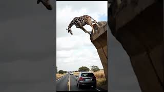 A giraffe is jumping down from large rock