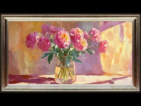 Camellia Flowers, Vintage Impasto Oil Painting | Framed Art Screensaver for TV