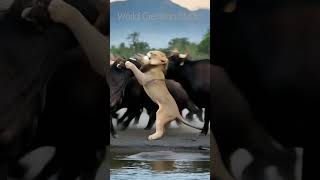 Lion Vs Pack of Bulls Fight #animallover #animal #animals #wildlife #animalworld #trendingshorts