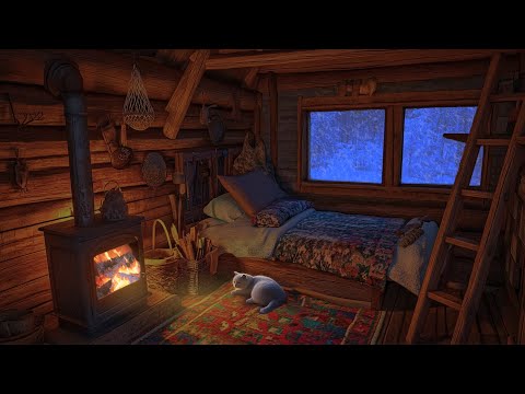 Frosty Howling Wind, Winter Storm and Fireplace for Sleeping, Cozy Cabin With Cats