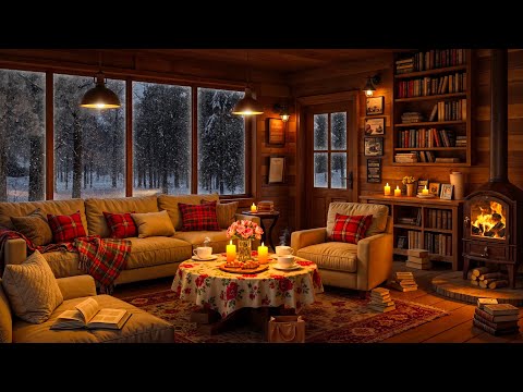 Cozy Winter Cabin Ambience with Warm Jazz Music & Crackling Fireplace ~ Soft Jazz for Stress Relief