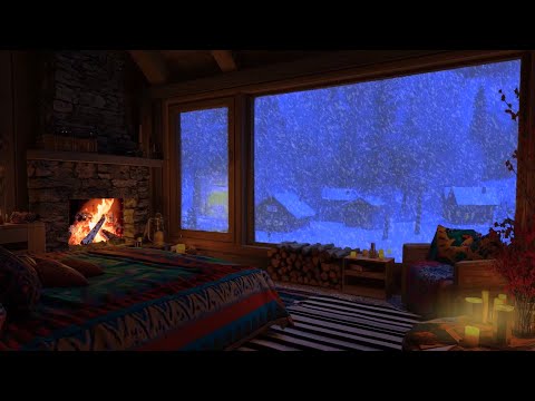 Deep Sleep in a Cozy Winter Cabin - Relax with Blizzard, Snowfall, Fireplace Sounds